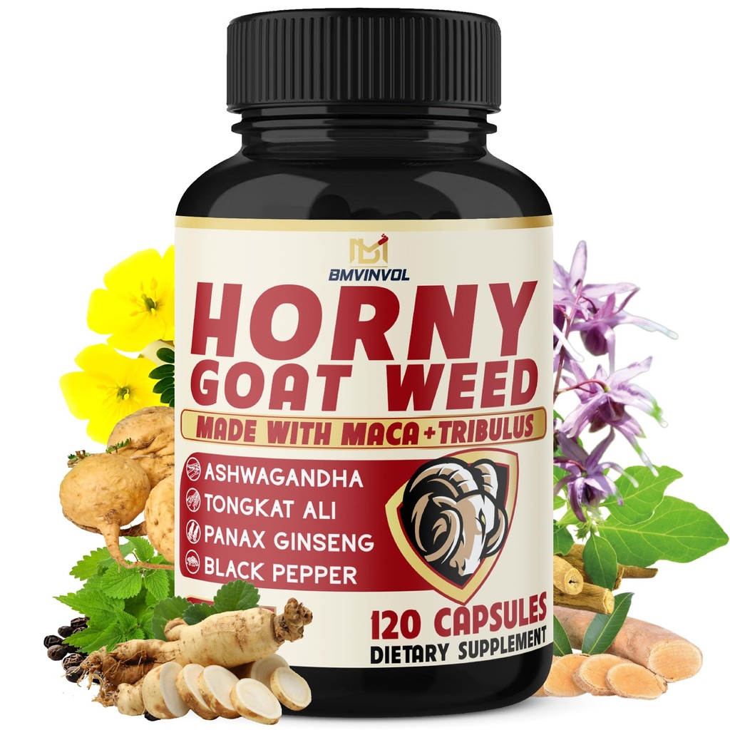 BMVINVOL Horny Goat Weed for Men and Women with Maca, Tribulus, Ginseng, Ashwagandha, Tongkat Ali - 120 Capsules for 4 Month Supply