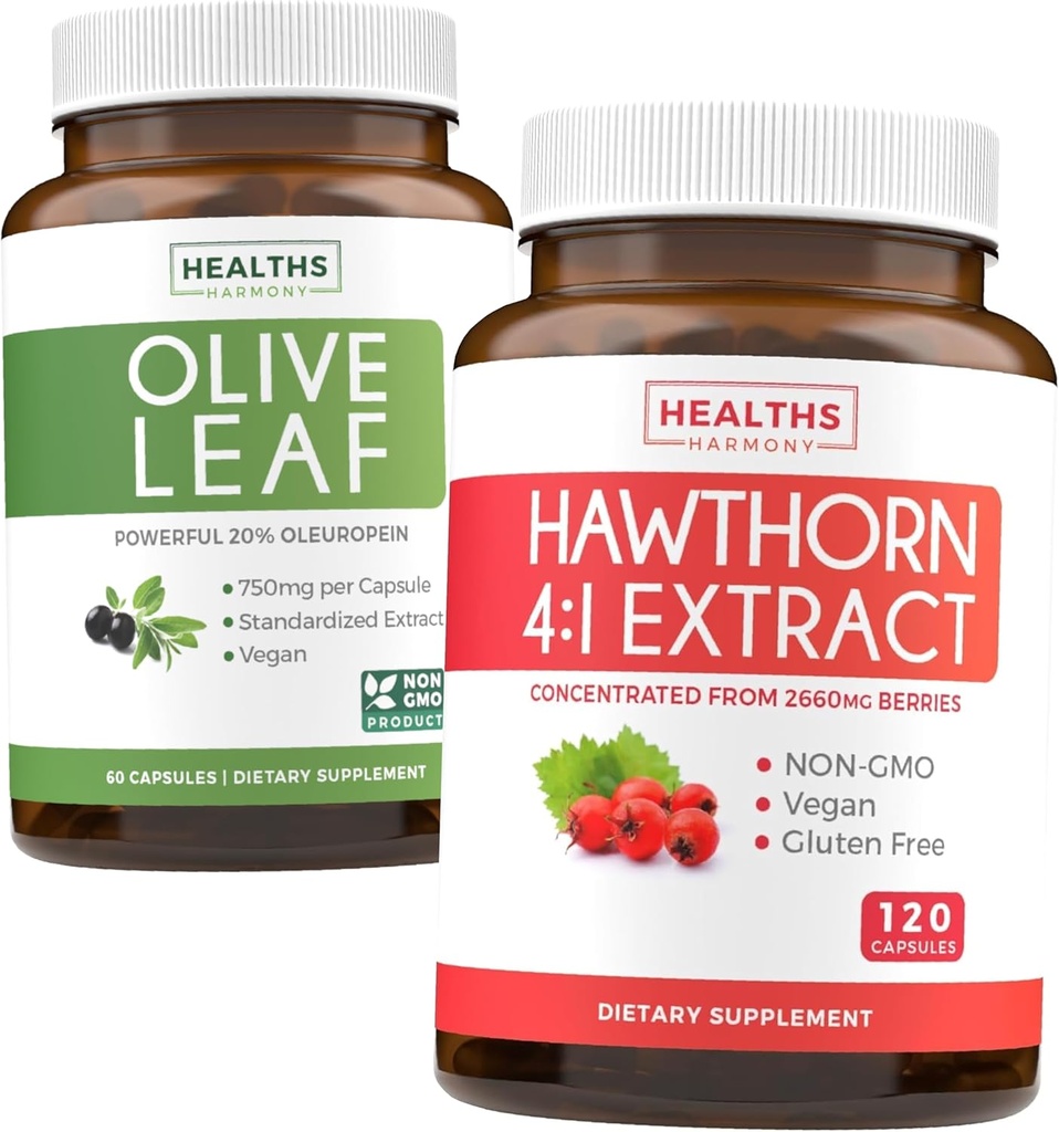 Ekstrakt z liści oliwnych & Hawthorn Berry Extarct - Healthy Herbs Bundle - Olive Leaf Extract with 20% Oleuropein & Hawthorn Berry 4: 1 Extract - Concentrated from 2660mg Fresh Berries (120 Caps)