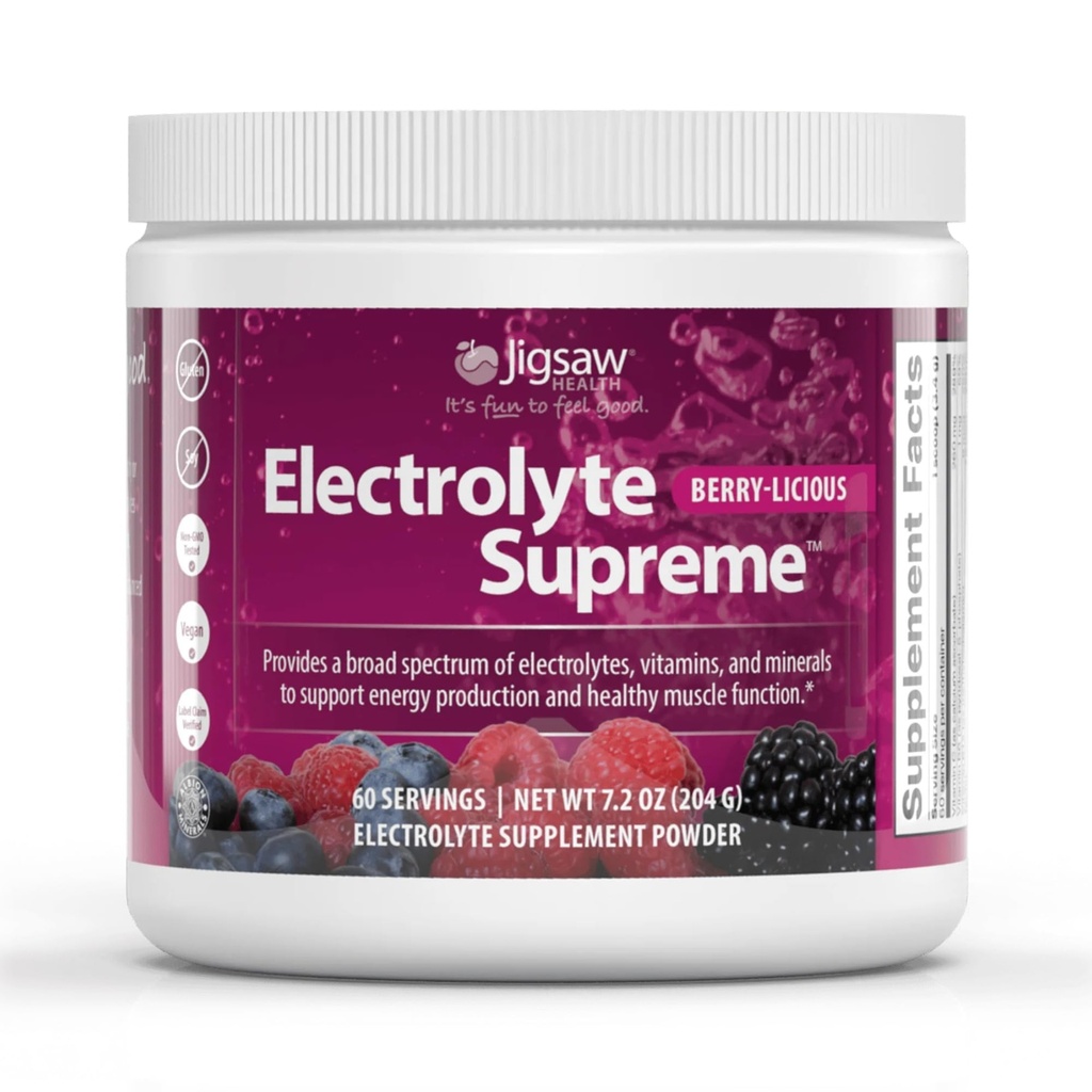 Jigsaw Zdrowie Electrolyte Supreme 124; Szerokie spektrum elektrolitów + Ślad minerałów 124; Berry- Licious Flavor 124; 60 Sług (Jar)
