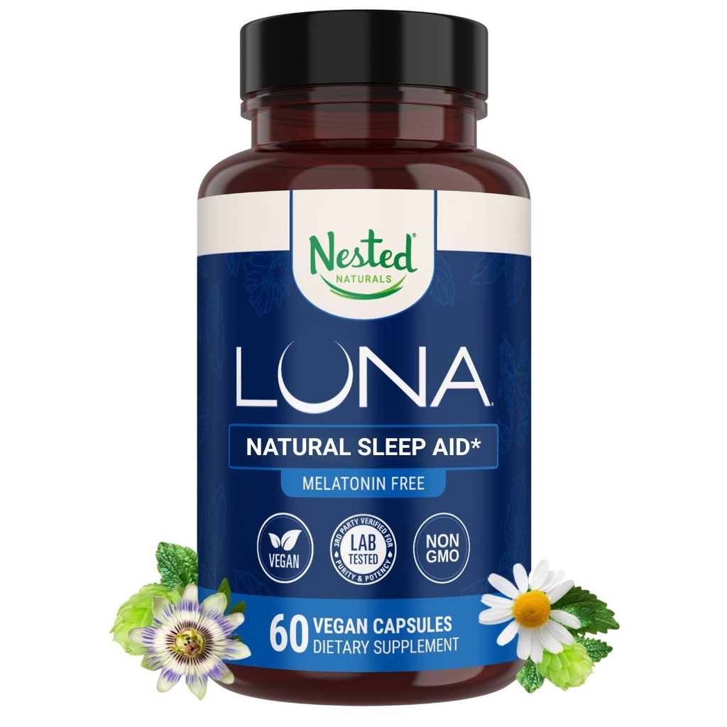 Nested Naturals Luna Sleep Supplement, Melatonin Free, Non- Habit Forming Herbal Sleep Supplement, Dorosły Bedtime Supplement, Pomoc Sleeping w / rumianek, Valerian, L- Theanine, 60 Kapsułki wegańskie