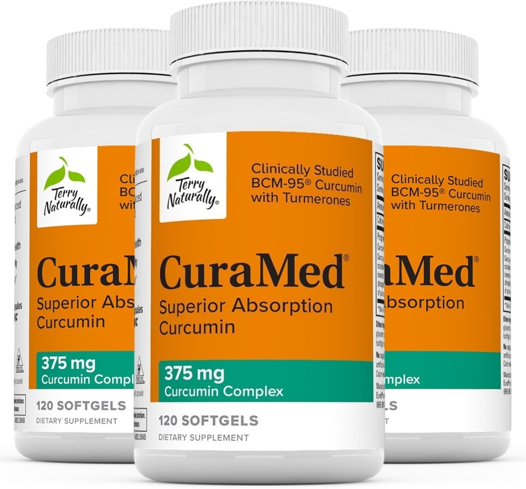 Terry Natural CuraMed 375mg - Suplement przeciwutleniający do wsparcia zdrowia mózgu i immunologicznego - Suplement dietetyczny z Curcumin & Turmeric Esential Oil - Herbal Liver Support - 120 Softgels (Pack of 3)