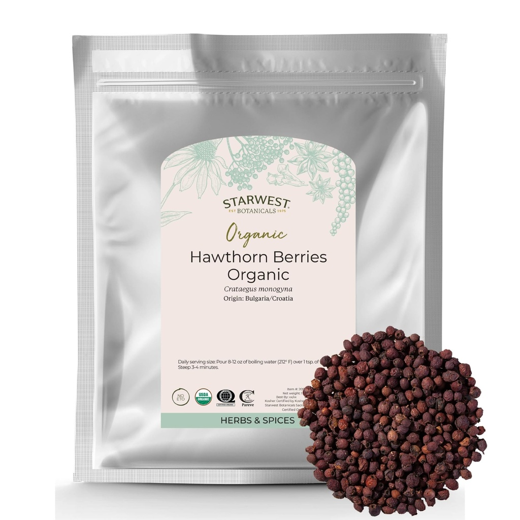 Starwest Botanicals Organic Hawthorn Berries Whole - Suszony Loose Leaf Herb na herbatę, Jam, & Ekstrakty ziołowe, Natural Digestion Support, Certified Kosher, Non-GMO - Bulk 1 lb Bag
