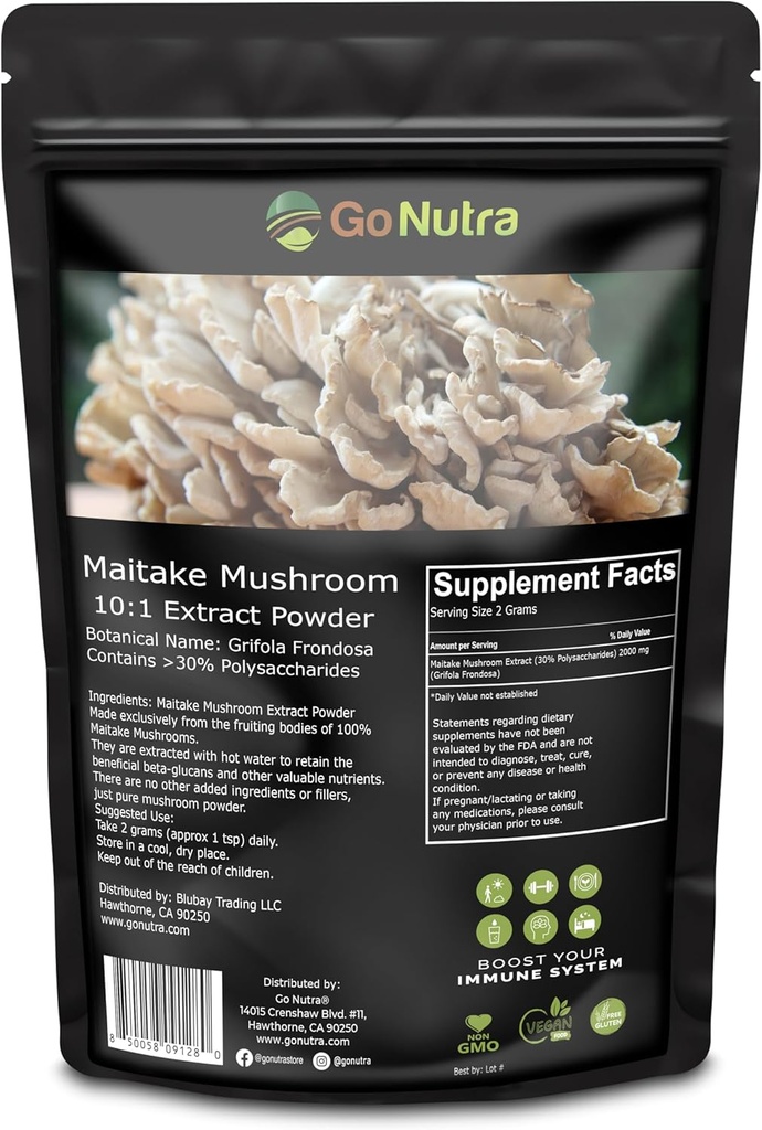 Go Nutra Maitake Mushroom Extract Powder 8 oz | 10:1 Extract Strength | Mushroom Supplement 30% Polysaccharides | Maitake Powder King of Mushrooms | 8 Ounce