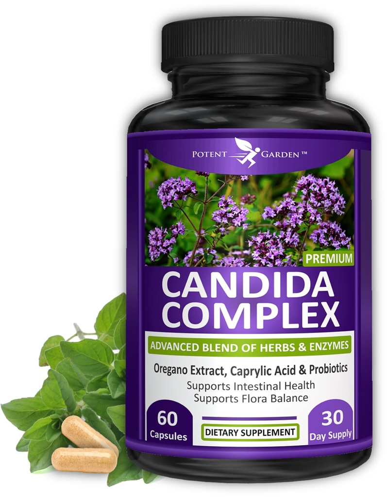 Kompleks Potient Garden Candida - Oregano i Mieszanka kwasu kaprylowego, Kompleks równowagi Gut Flora, Zdrowie jelit i immunologiczne Wsparcie z Herbs & Probiotyki, Gut suplementy zdrowia dla kobiet i mężczyzn 60