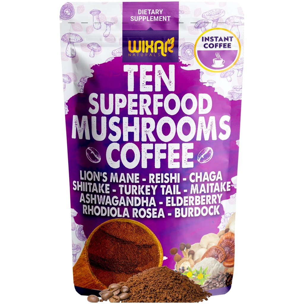 WIXAR Superfood Mushroom Coffee - Instant Coffee Powder, Dziesięć Superfood Ekstrakty z grzywą Lwa, Turcja Ogon, Reishi, Chaga, Shiitake, Ashwagandha, Rhodiola Rosea, Elderberry, 5oz Mushroom Supplement