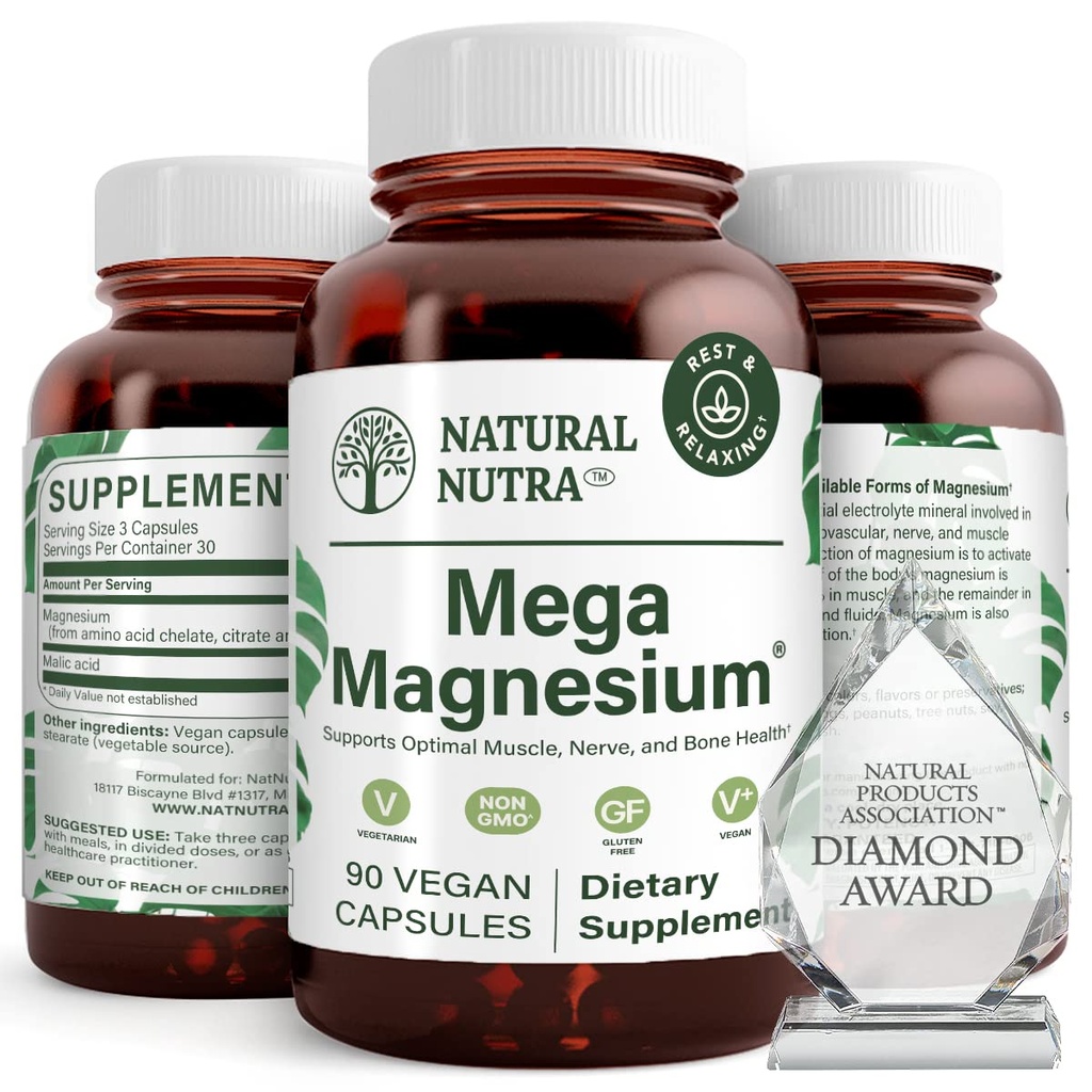 Natural Nutra Mega Magnez 400mg Suplement - Wysoka absorpcja Amino Acid Chelate, Lepsze wibracje, Cytrynian, Mieszanka jabłkowa do wzrostu mięśni, Siła kości, Heart Health, Nerve Support - 90 Kapsułki