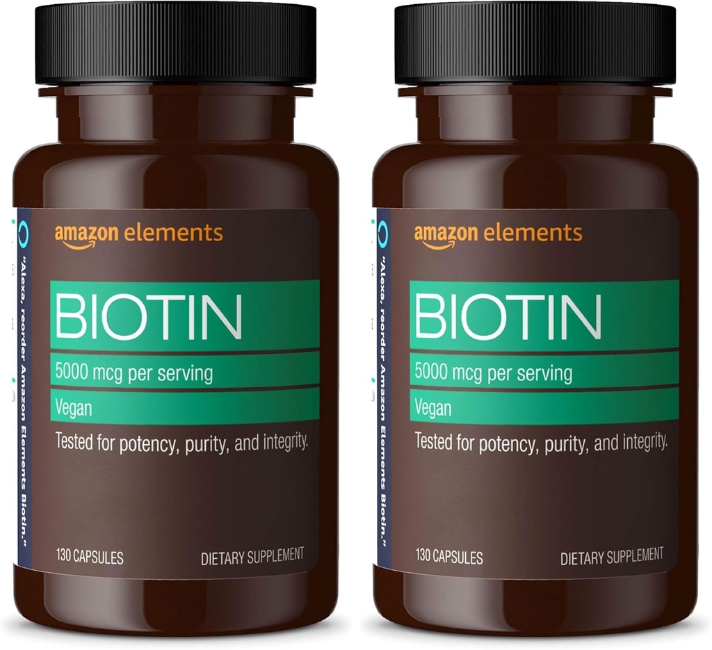 Elementy Vegan Biotin 5000 µg - Włosy, Skóra, Nails, 130 Kapsułki (4 Miesiące dostaw) (Opakowania maja Wary) (Opakowanie 2)