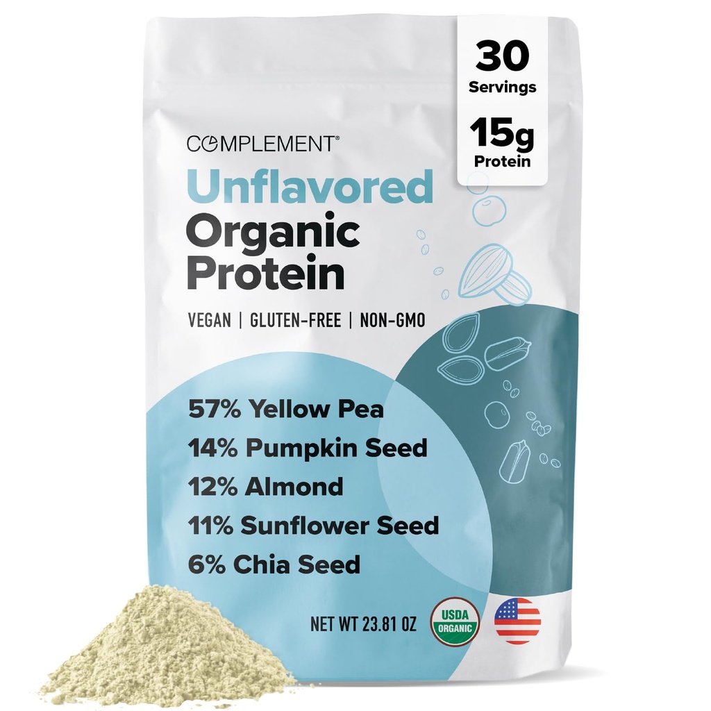 Uzupełnienie Organic Unflavared Vegan Protein Powder (30 Servings) Niskie węglowodany, Niskie kalorie, Cukier wolny, Soy Free, Non-GMO, Gluten Free, Nie Dair- Yellow Pea, Nasiona dyni - 15 g roślin w proszku białkowym