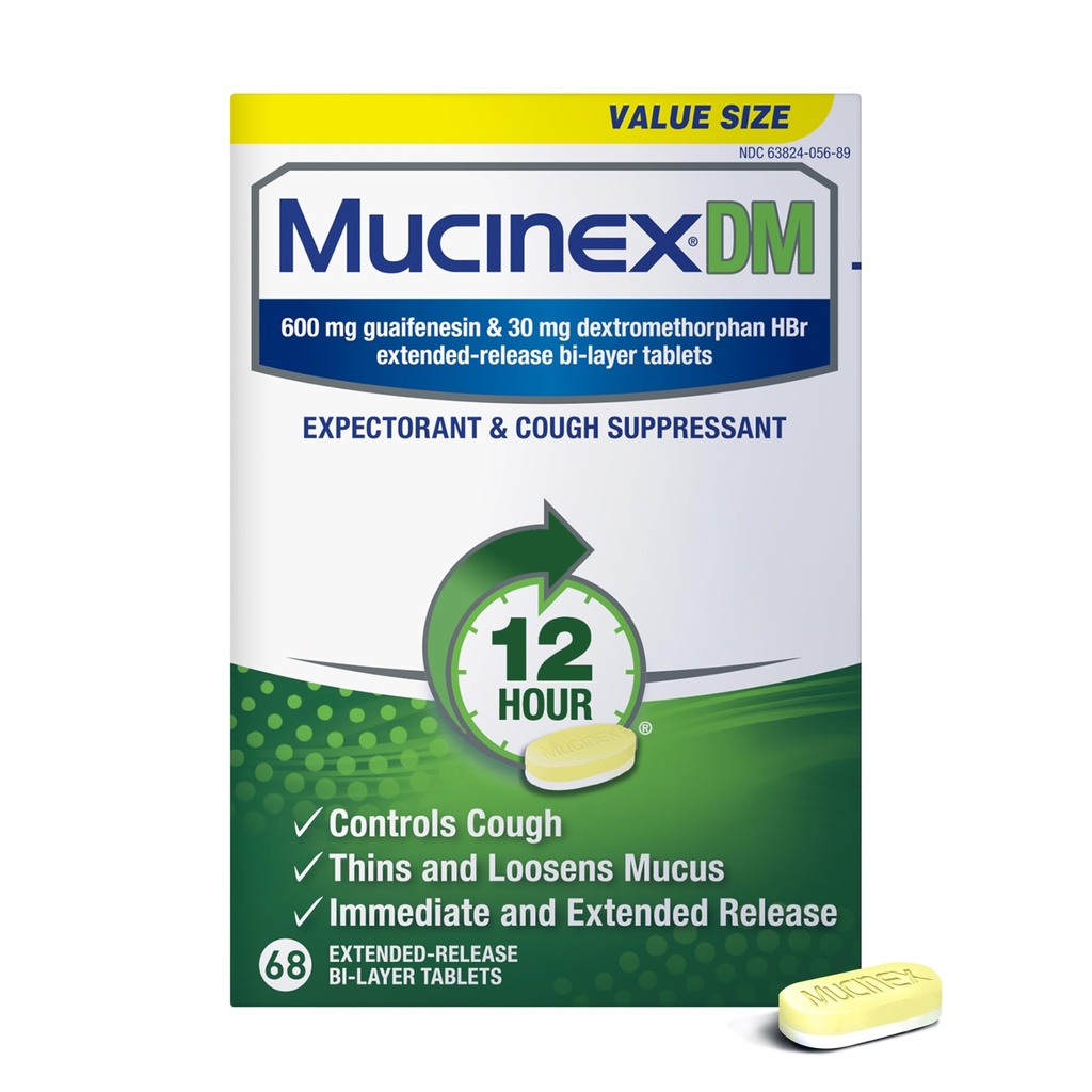 Mucinex DM 12Hr Zatory w klatce piersiowej i leki na kaszel Dla dorosłych, Cold and Cough Medicine for Excess Mucus Relief, 600 mg Guaifenesin & 30 mg Dekstrometorfan HBr, 68 Bi- Layer Tablets