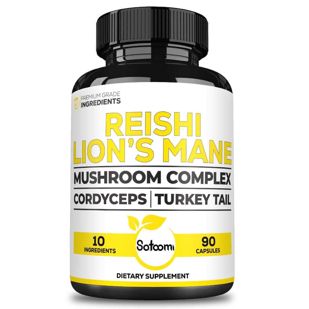 Satoomi Reishi Supplement Complex 5000Mg - 10in1 W połączeniu z Lwami Mane, Cordyceps Sinensis, Chaga Mushroom & in. - 90 Kapsułki na 3 miesiące