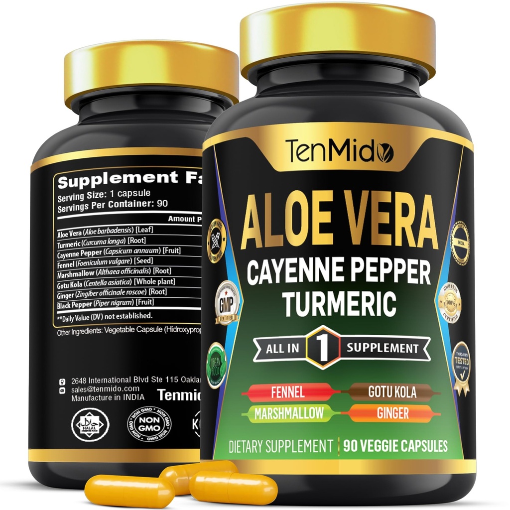 Aloe Vera Capsules Supplement - Formuła 8in1 - Połącz z Turmeric, Cayenne Pepper, Marshmallow, Fennel, Gotu Kola, Ginger i Black Pepper - 90 Kapsułek na 3 miesiące dostaw