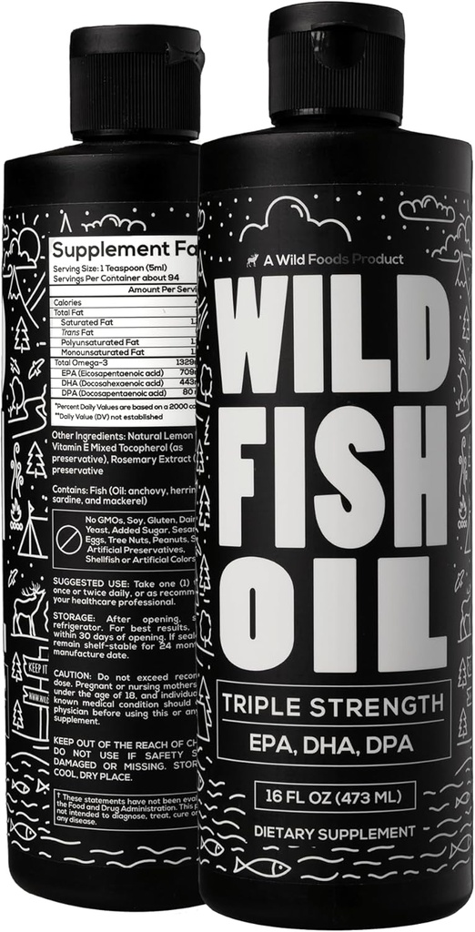 Wild Foods Liquid Omega 3 Fish Oil Supplement, Lemon, 16 oz (2 pk) < 124; Wild Caught, Burless, Odorless, Non-GMO, Gluten Free < 124; DPA, DHA, EPA Triple Strength Omega-3 Nutrition for Women & Men