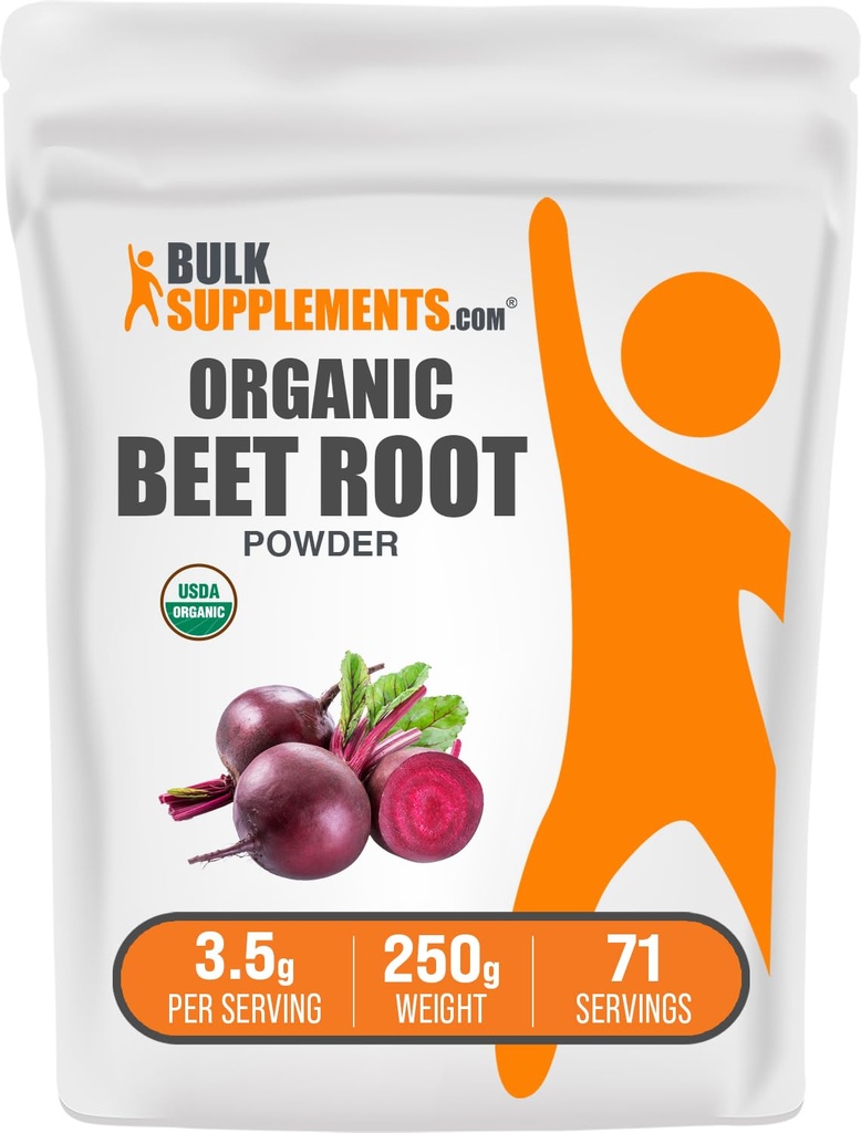 BulkSupplements.com Organic Beet Root Powder - Superfood Supplement, Beet Root Supplements - Vegan & Gluten Free, 3,5g na serving, 250g (8,8 oz) (Opakowanie po 1)