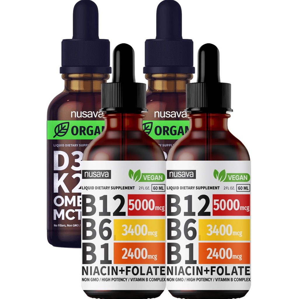 Nusava Witamina B12 Krople płynne i Unflavored D3 K2 Bundle - Potenne Witaminy płynne do serca, Joint, Energia, & Wsparcie immunologiczne - Nie- GMO, Gluten- Free, 2pk każdy