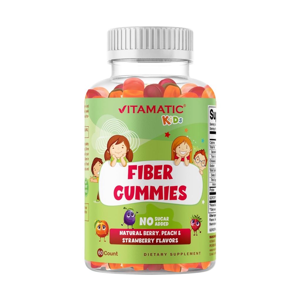 Vitamatic Kids Prebiotic Fiber Gummies - Dodatkowa siła 4g Fiber - Zero Sugar Dodano - 60 Pectin- Based Gummies - Digestive Health & Regularność Wsparcie