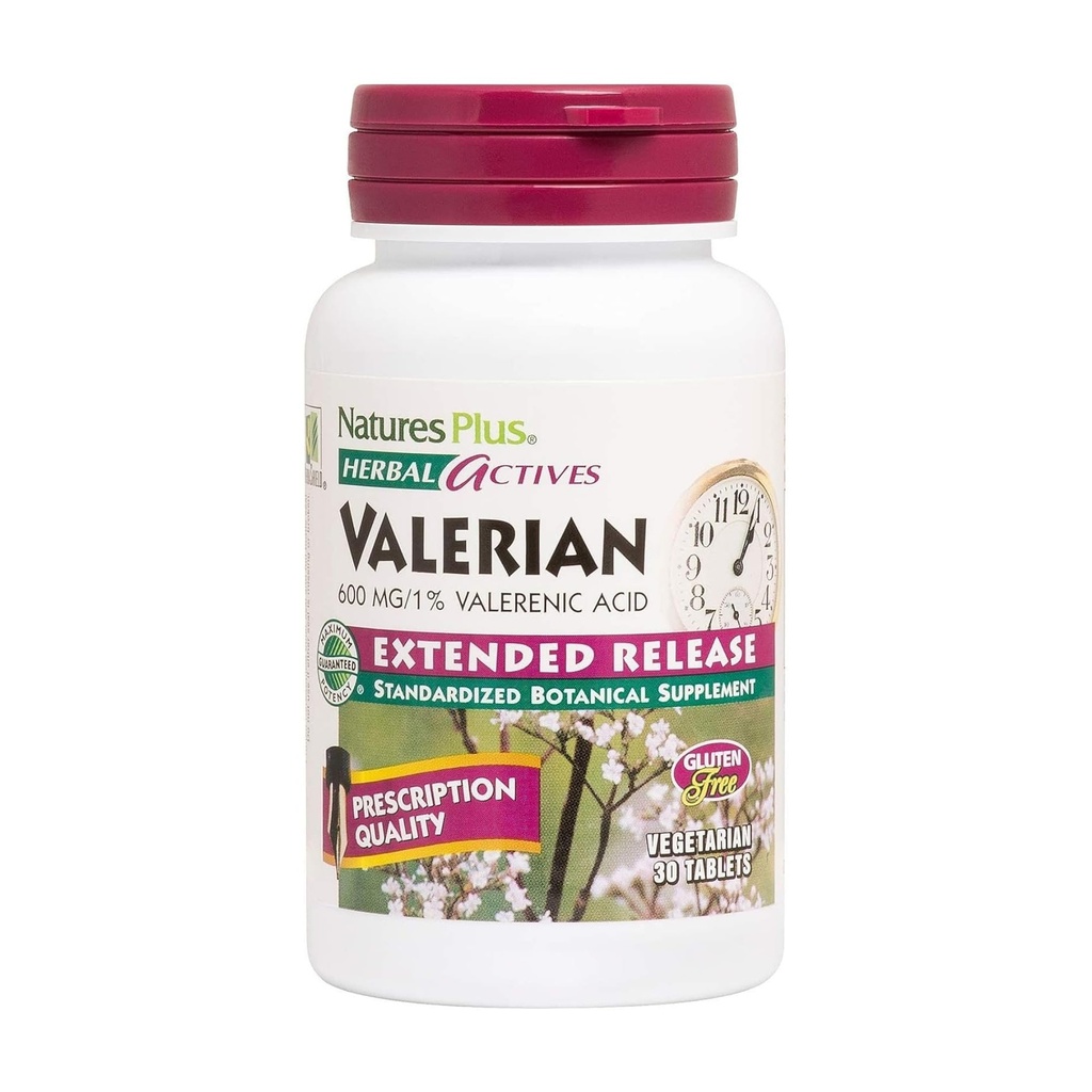 Natury Plus Herbal Actives Valerian rozszerzone tabletki uwalniające - 600 mg, 30 Wegańskie tabletki - wegetariańskie, Gluten- Free - 30 Servings