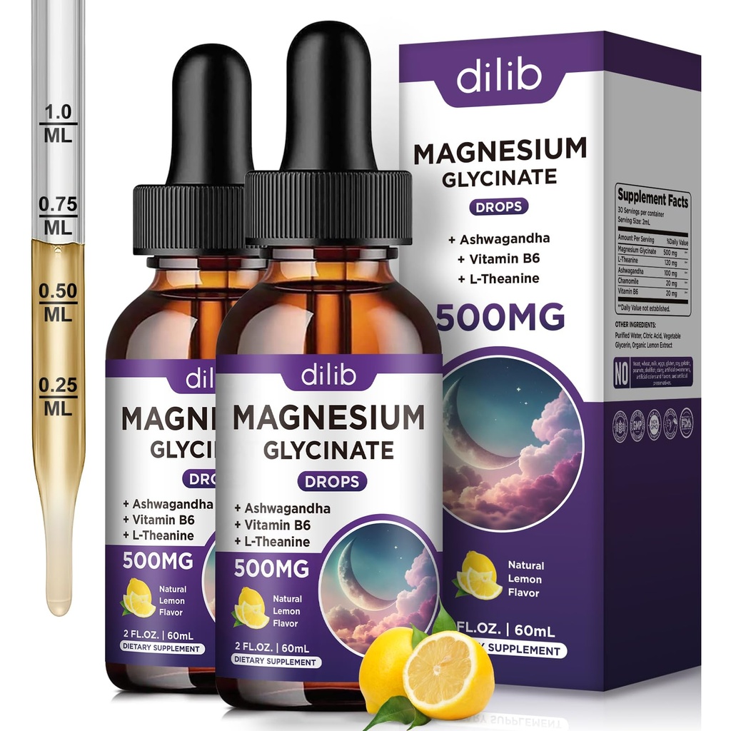 Magnezu Glycinate Supplement, Magnezu płynne krople z Magnezu Glycinate 500mg Witamina B6, Ashwagandha, L - Theanine, Rumianek -Wsparcie Relief, Kości, Mięśnie, Mood Vegan (Opakowanie 2)