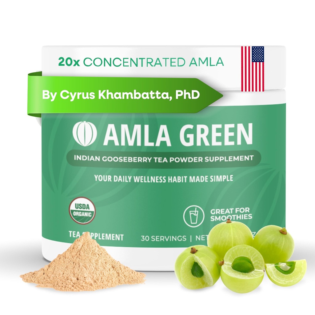 Amla Powder & Green Tea Superfood suplement, 20x Ultra skoncentrowana Amla, Wsparcie przeciwutleniacze, Made with Oolong Tea and Indian Gooseberries, Organic, Wegan, Classic Flavor, 30 Służenie