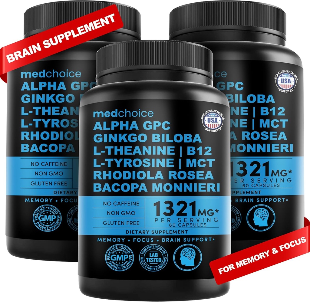 12- in-1 Nootropowy suplement mózgu bezwodny: Ginkgo Biloba do wspomagania mózgu, pamięci i ostrości - B12, Alpha GPC, L Theanine i suplementy choliny z bioperyną bez kofeiny 1321mg (180ct)