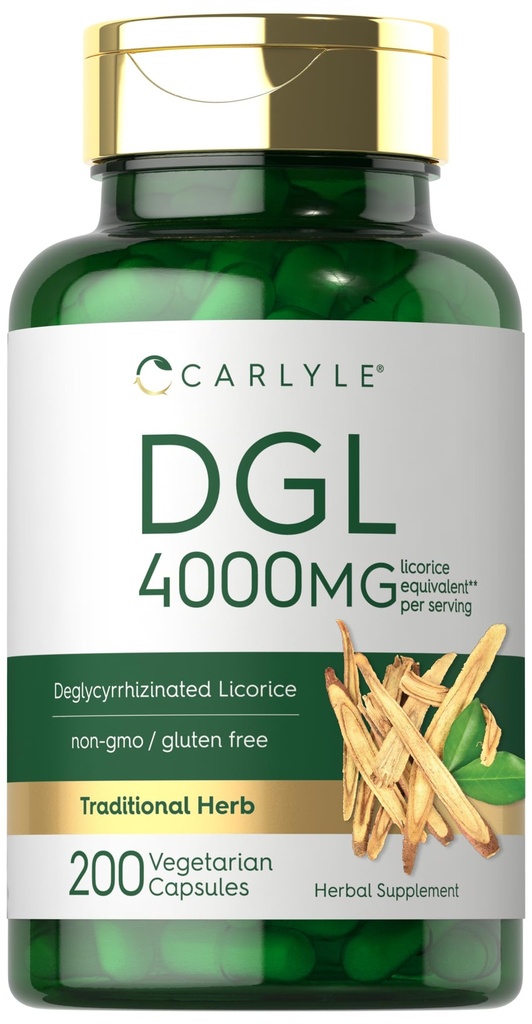 Carlyle DGL Deglicyrhizimed Licorice Kapsułki 124; 200 Hrabia 124; 4000mg DGL 124; Wegetarianin, Non-GMO & Gluten
