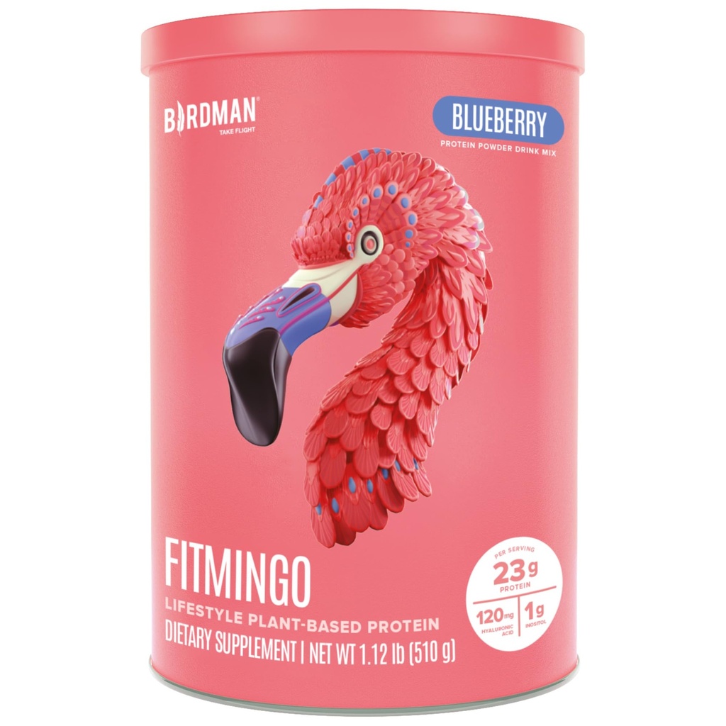 BIRDMAN Fitmingo Vegan Protein Powder z Inozytolem, Colagen Boosters, Kwas hialuronowy i witamin 124; Niskie węglowodory, Wolne od nabiału, Niskie kalorie 124; 23g Proszek z białka borówkowego z Myo- Inozytol
