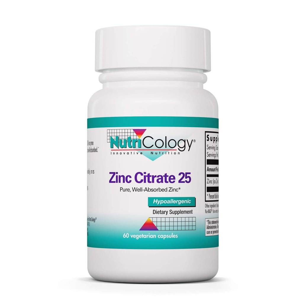 Nutricology Cynk Citrate Supplement - 25mg Cynk dla mężczyzn i kobiet, Wsparcie immunologiczne, Czysty, Well- Absorbowany, Well- Tolerated, Ślad mineralny, Kapsułki wegetariańskie - 60 Hrabia