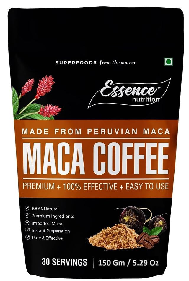Essence Nutrition Maca Coffee For Men in Sexual Health - (150Gm) - Imported Maca Coffee with Tongkat Ali & Ginseng - Lab Tested Pure Organic Maca Root Powder Coffee with Black Maca Root