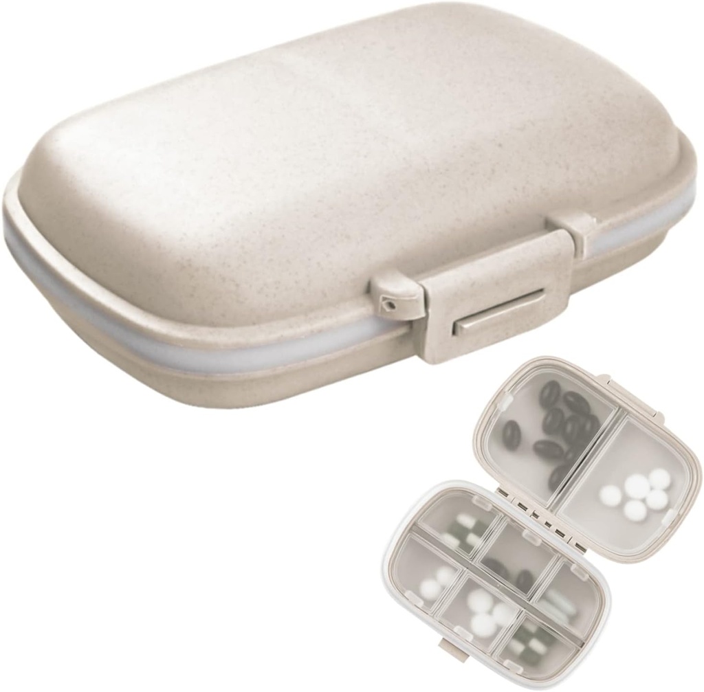 1Pack Travel Pill Organizator, 8 Komory Przenośny Pill Case, Małe Pudełko na Pocket Torebka Przenośna medycyna Pojemnik Witamina Beż