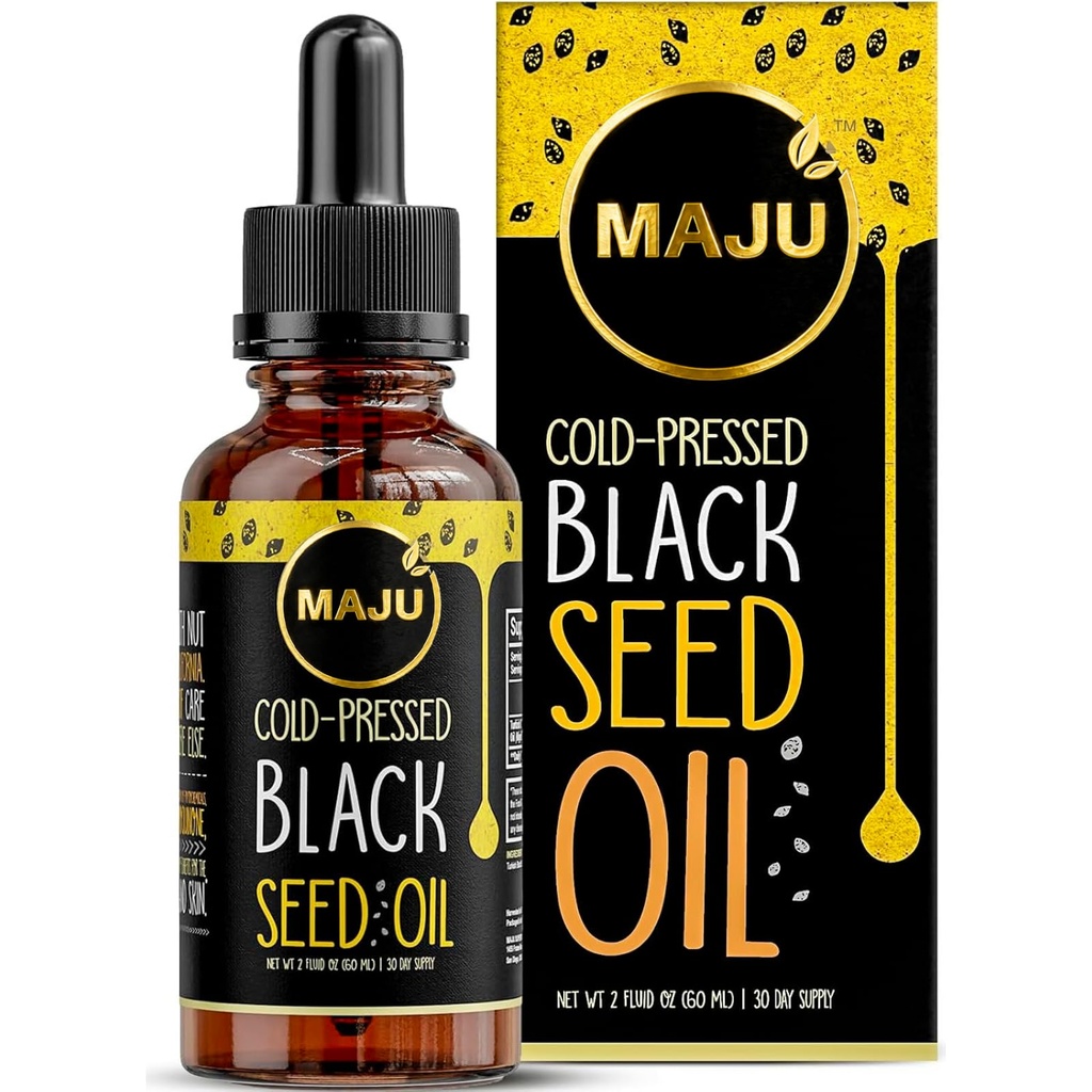 Maju Superfoods Black Seed Oil - 3 razy TQ, Cold- Pressed, Travel Size, 100% Turecki Czarny Kmin Seed Oil, Płynny Czysty Blackseed, Butelka szklana, 2 Oz