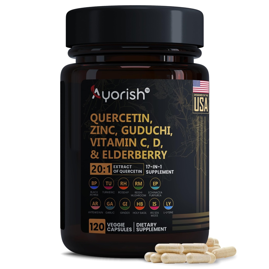 Quercetin Cynk Witamina C Witamina D Bromelain Elderberry - Płucna suplement wsparcia immunologicznego Dorośli z Artemisinin, Mech morski, Echinacea, Ulga alergiczna 120 Count