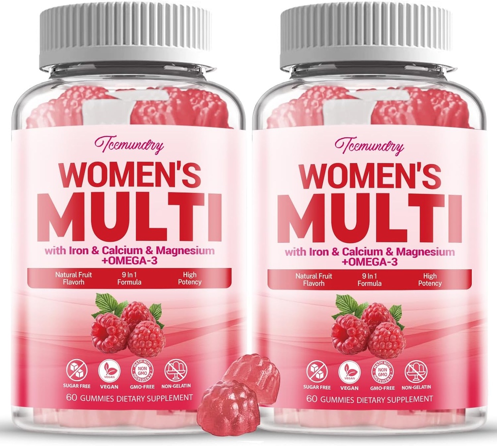 Wolne od cukru kobiety Gummies wielowitaminowe - Wysoka absorpcja Multivitamina dla kobiet Gummy z Omega-3, Astaksantyna, Wapnia, Żelazo, Witamina A, C, D3, K2, E, B6, B12 - Wspiera Skóra, Włosy, Energia, Immune