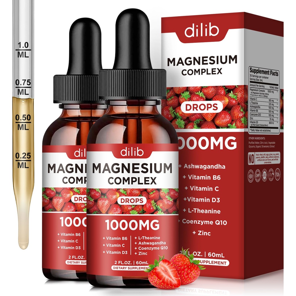 Triple Magnezu Complex Supplement, Magnezu Glycinate, Mieszanka, Cytrate Liquid Drops 1000mg z Ashwagandha, CoQ10, Witamina B6, C, D, Cynk -Support Relief uspokajający, Kości, Mięśnie, Mood 2 Pack