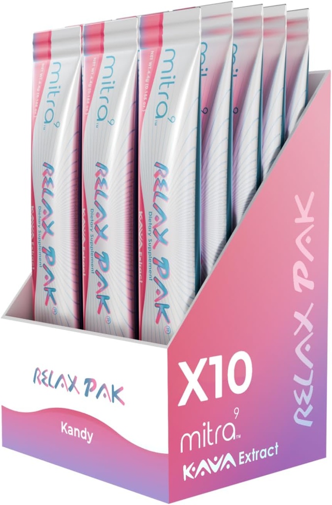 Mitra9 Kava Proszek RelaxPak - Kandy Kava Ekstrakt w proszku Pakiety 124; Wzmocnienie nastroju 124; Roślina oparta 124; Promotes Natural Calm & Clarity 124; Easy Open Single- Serving Stick (10)