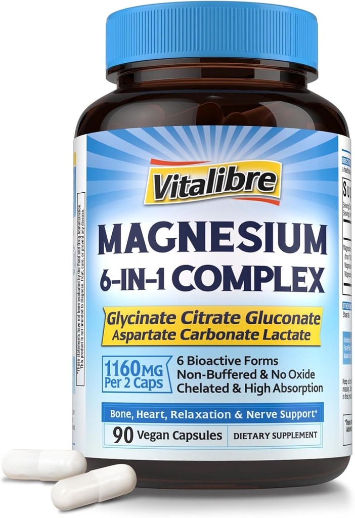 Magnez Complex Supplement 6 in 1, 1160mg Chelated Magnezu dla Max Wchłanianie, Pomoc z lepszym snem, Relaxation & Nerve Calm, 90 Kapsułki Vegan, Nie GMO & Gluten Free