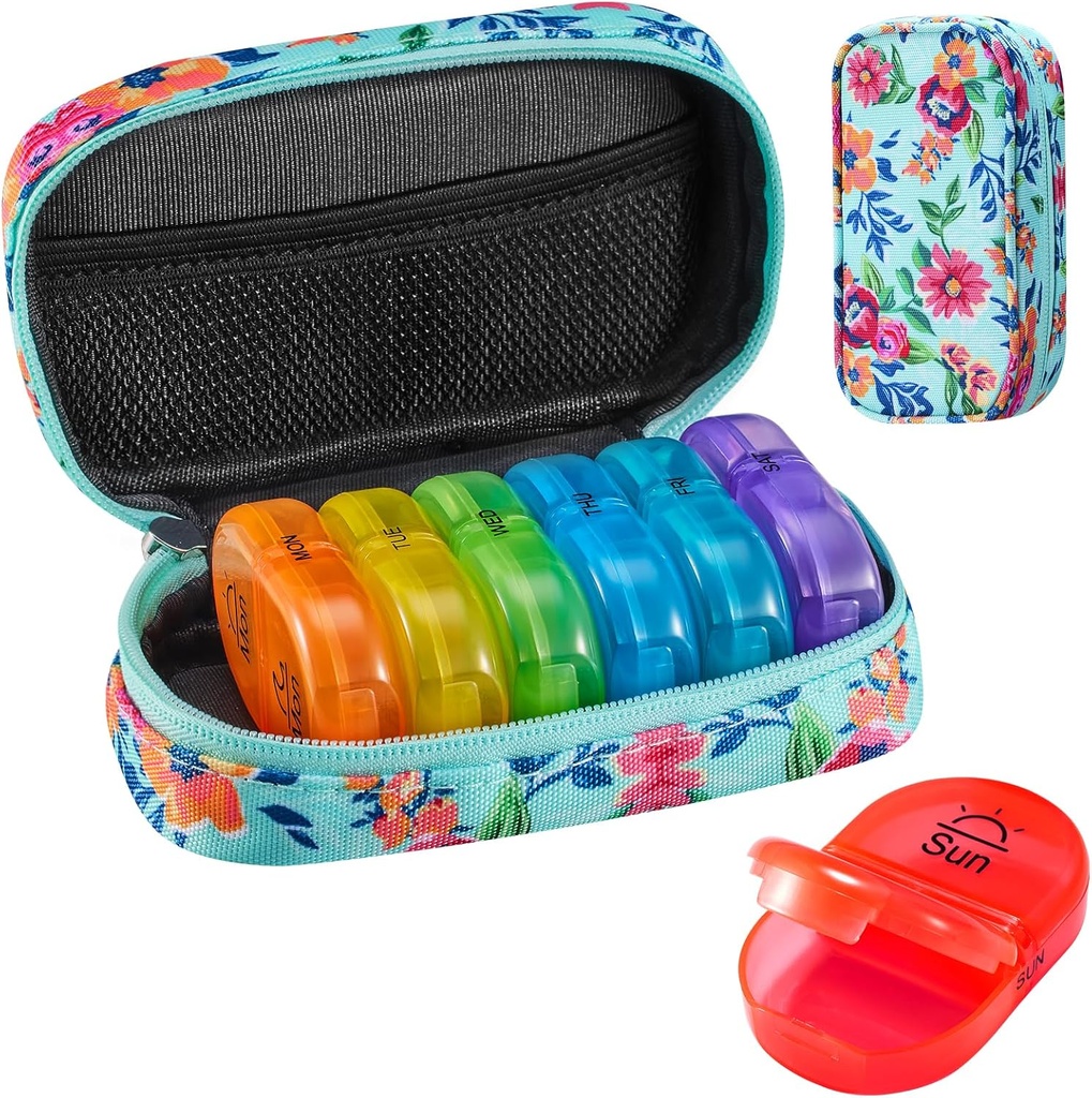 Serfeymi Cotygodniowy Travel Pill Organizator 2 razy w ciągu dnia PM Zmodernizowany Rainbow Pill Box 7 Dzień z Portable Zipper Canvas Pill Case, Medicine Organizer for Pills, Witaminy, Oleje rybne - Zielony 01