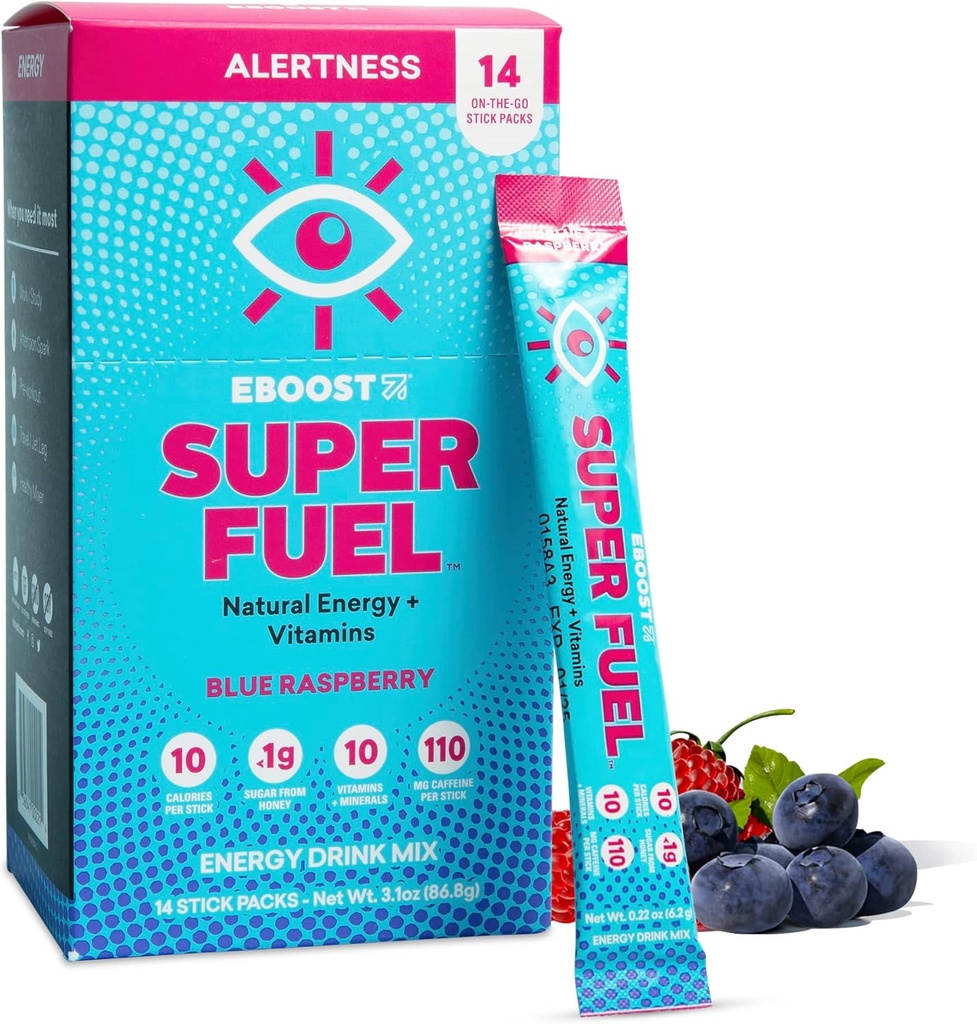 EBOOST Energy Drink Powder, Super Paliwo - Błękitna Malina, 14 Pakiety - Wstępny trening proszku Energy Drink Mix - Naturalna energia, L- Tyrozyna, L- Theanina & Witaminy - Wstępny trening dla kobiet i mężczyzn, aby przejść