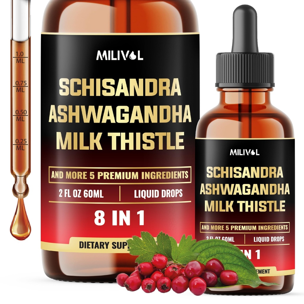 8in1 Schisandra Berry Drops with Milk Thistle, Ashwagandha, Rhodiola Rosea, Święty Bazylia, Karczoch, Dandelion Root & Kurkumina Turmeric - 2 Fl Oz dla 2-miesięcznego zaopatrzenia