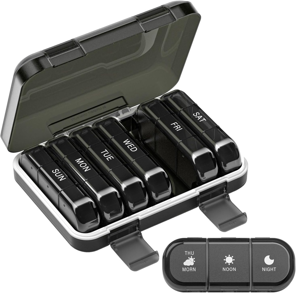 Cotygodniowy Pill Organizer 3 razy dziennie, 7 dni Portable Pill Box for Pills, Witaminy, Olej rybny, Leki, Suplementy (3x7 Black)