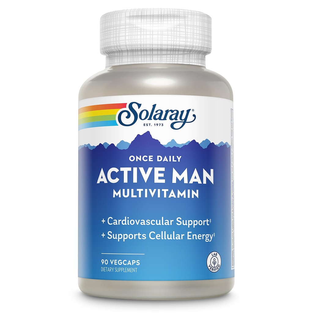 SOLARAY once Daily Active Man Multivitamine - Energia komórkowa i suplement wsparcia immunologicznego w / Witamina D, Witamina C, B12, B6, Cynk, Luteina, Enzymy trawienne, Całość żywności, 60- dniowa gwarancja, 90 Służenie