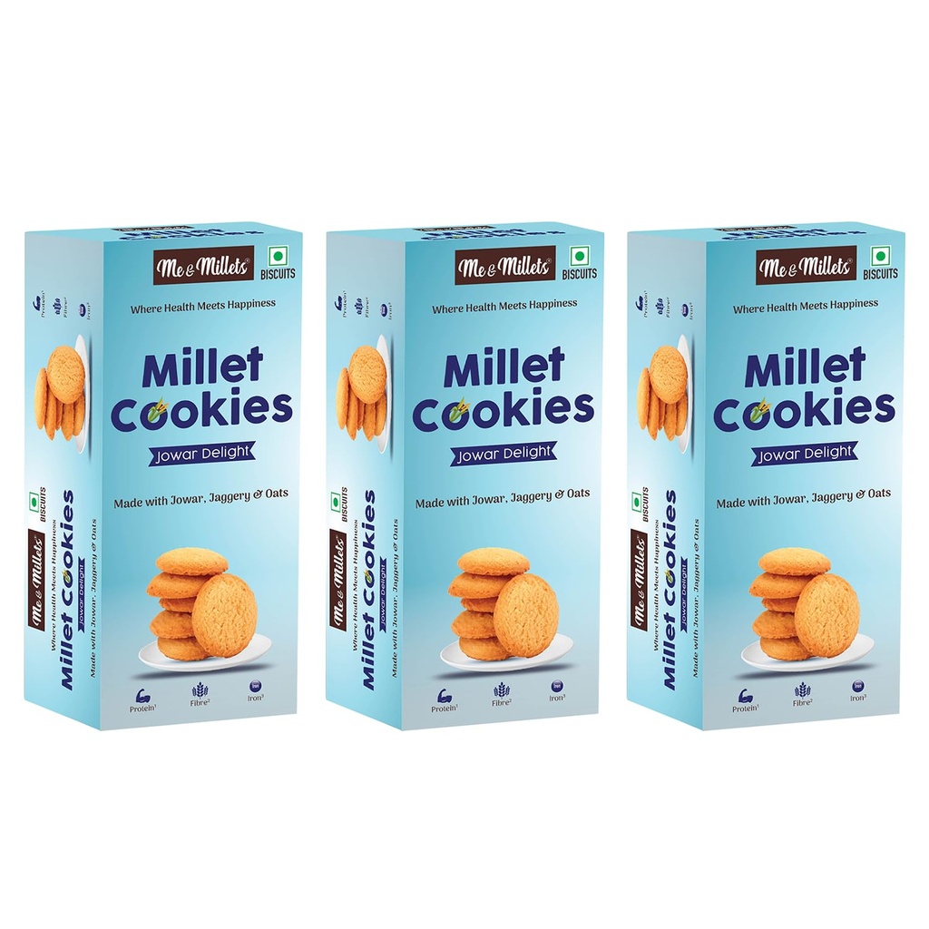 ME & MILLETS Cookies Jowar Delight (75g X 3) - Delicious Millets Biscuits, Rich In Fiber & Protein, Healthy Tea Snack (Jain Friendly)