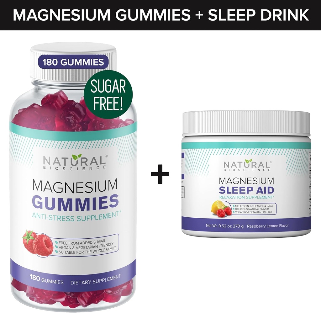 Gumiaki magnezowe wolne od cukru (180 Gummies) i proszek czasu nocnego z magnezem z cytratem magnezowym, melatoniną, L- Theaniną i GABA - Wegan, Żelatyna - wolne, Gluten- wolne, Non-GMO