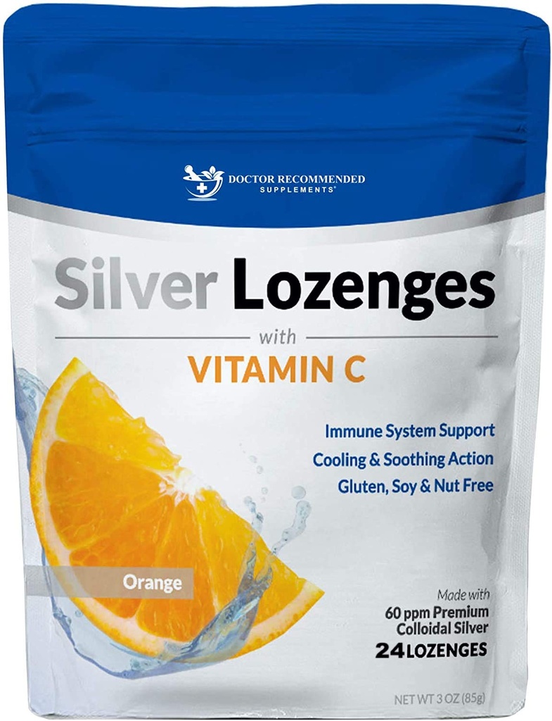 Srebrne Lozengi z witaminą C - Premium Nano Silver 60 PPM Colloidal Silver, Organic Honey i witaminy C Suplement Mineralny Dropy do wsparcia systemu immunologicznego, Soothe Cough & Throat - 24 Lozenges pomarańczowy