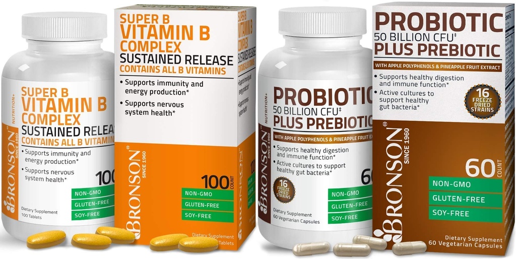 Bronson Probiotic 50 Milion CFU + Prebiotyk z Apple Polyphenols & Wyciąg z owoców ananasowych + Witamina B Complex Trwałe uwolnienie