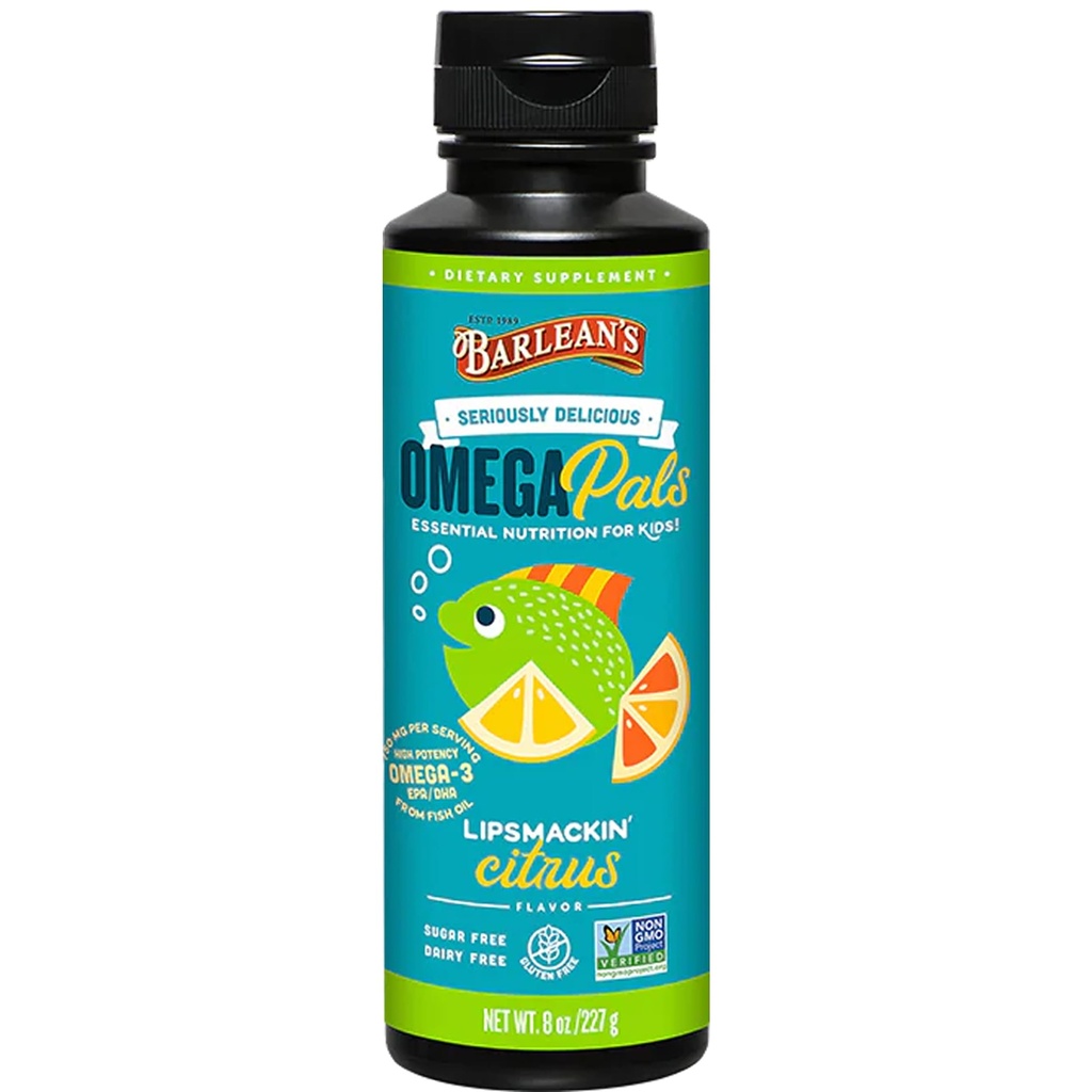 Barlean 's Omega Pals Lipsmackin' Citrus Flavored Omega-3 dla dzieci, Yummy Children 's Liquid Fish Oil Supplement with 750 mg EPA & DHA for Brain & Eye Health, 8 oz