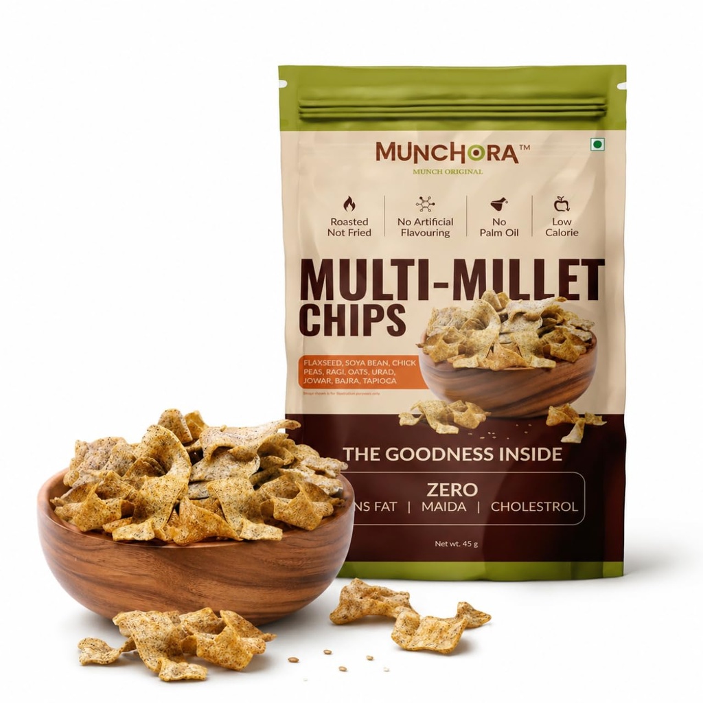 Munchora Multi-Millet Chips – Roasted Healthy Snack | Ragi, Jowar, Bajra, Oats, Urad & Chickpea Crunchy Chips | High Fibre Protein Snack | Zero Trans Fat, No Maida, No Cholesterol | 45g × 4 Packs