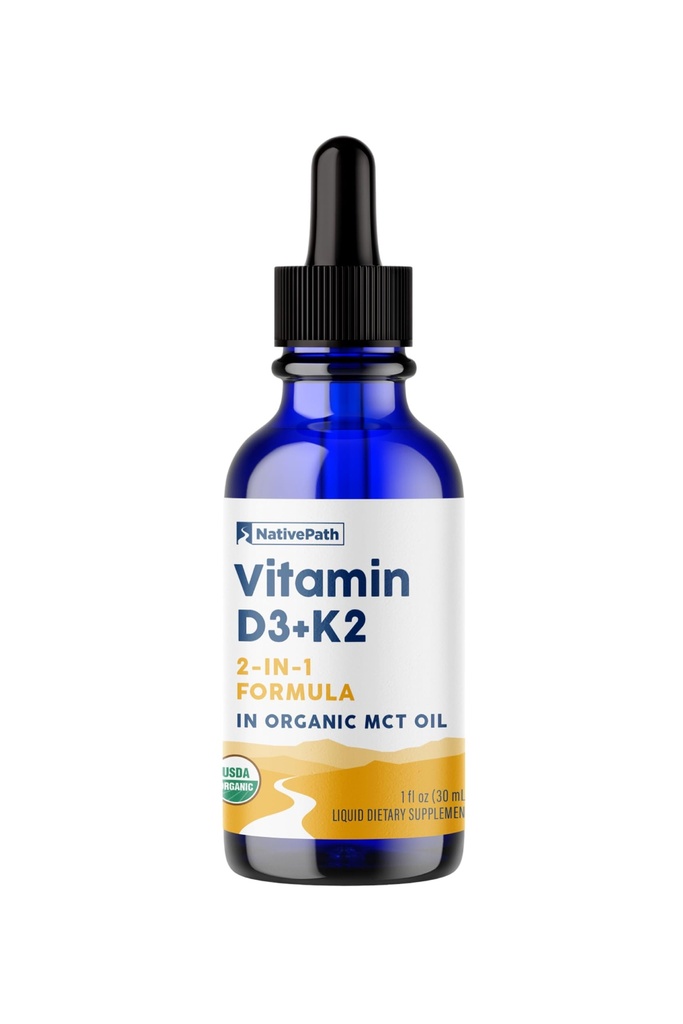 NativePath D3K2 nalewka - 2000IU Witamina D3 i witamina K2 Suplement z organicznym olejem MCT - 1 Płynna Ounce - Szybka Biodostępność Multi- Witamina dla Bone Strength i Total Body Wellness, 30 Służenie