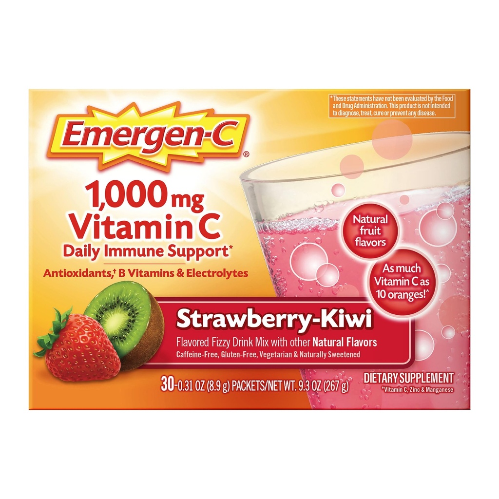 Emergen- C 1000mg Witamina C Proszek immunologiczny Truskawka Kiwi 30CT zawiera cynk, mangan, 7 B Witaminy i elektrolity do powrotu do szkoły Essentials