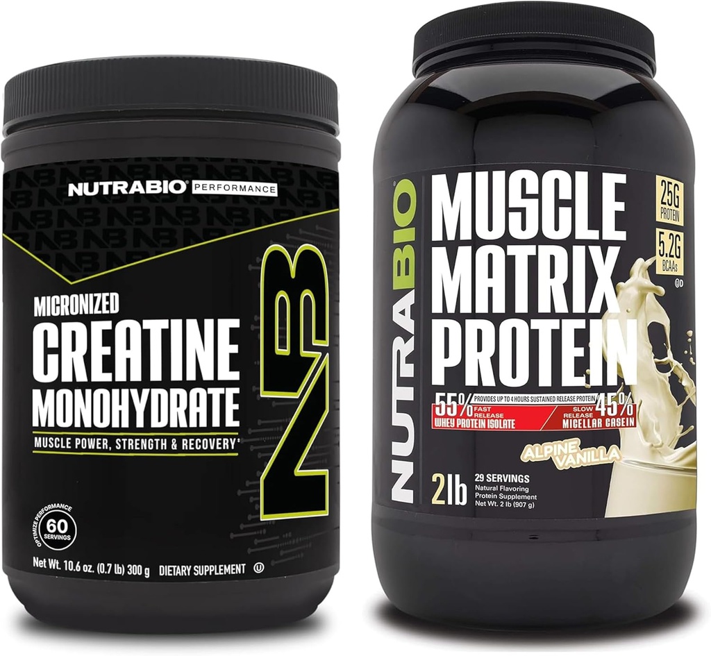 Monowodzian NutraBio Creatine, nieflaworyzowany, (300 g) i proszek z białka matrix, (Vanilla) Suplement Pasek - Energia mięśniowa, maksymalny wzrost, odzysk i siła
