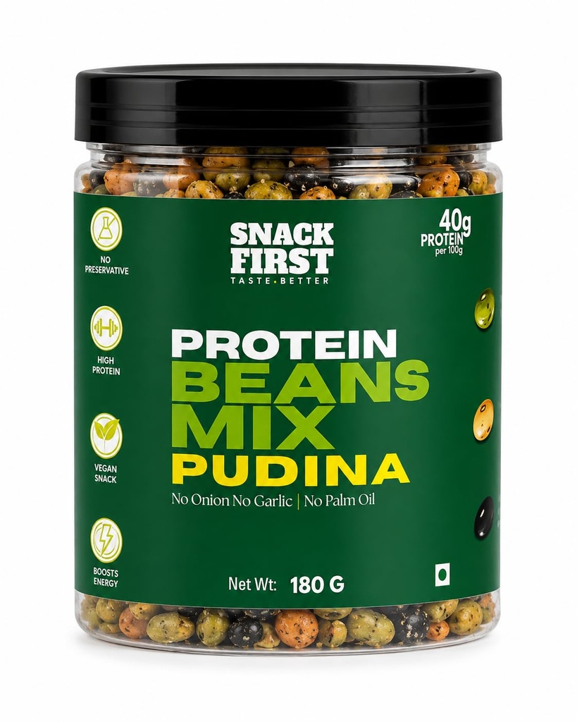 Snack First Roasted Protein Beans Mix Pudina| No onion no garlic | no palm oil | 180G | 40G plant protein mixture | 3 In 1 mix | edamame, soyabeans, blackbeans | high protein | gym snack | healthy snack | crunchy & delicious | high fibre | minerals & vitamins |