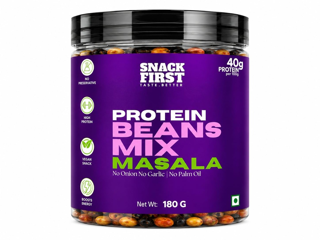 Snack First Roasted Protein Beans Mix Masala | No onion no garlic | no palm oil | 180G | 40G plant protein mixture | 3 In 1 mix | edamame, soyabeans, blackbeans | high protein | gym snack | healthy snack | crunchy & delicious | high fibre | minerals & vitamins |